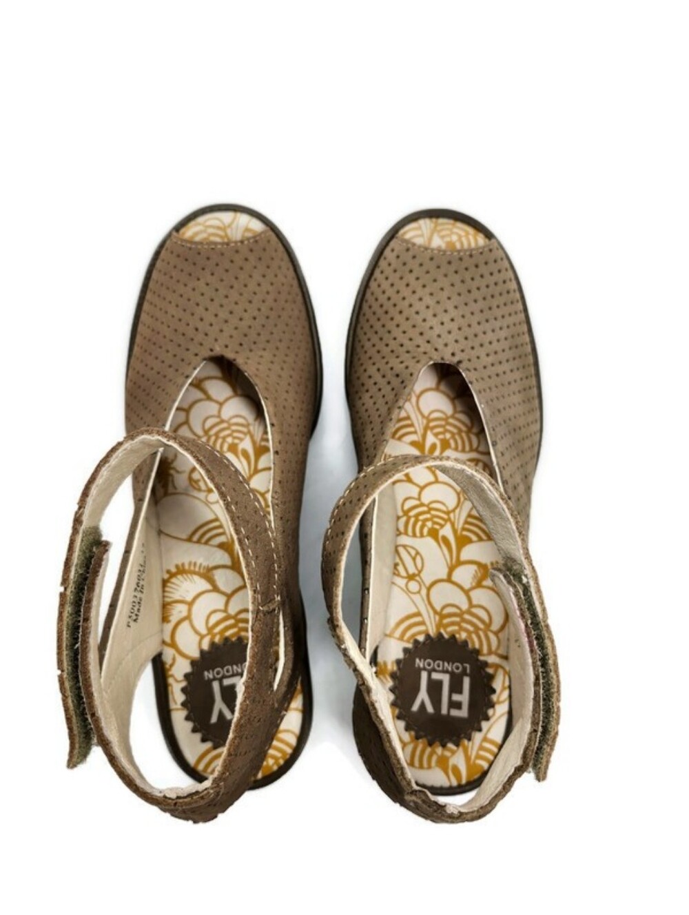Fly London Yala Taupe Perforated Leather Ankle Strap Peep-Toe Wedge Heel Sandals - Picture 7 of 15